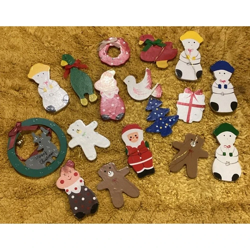 Wooden Painted Flat Christmas Tree Ornaments 17 Holiday Themed Decorations